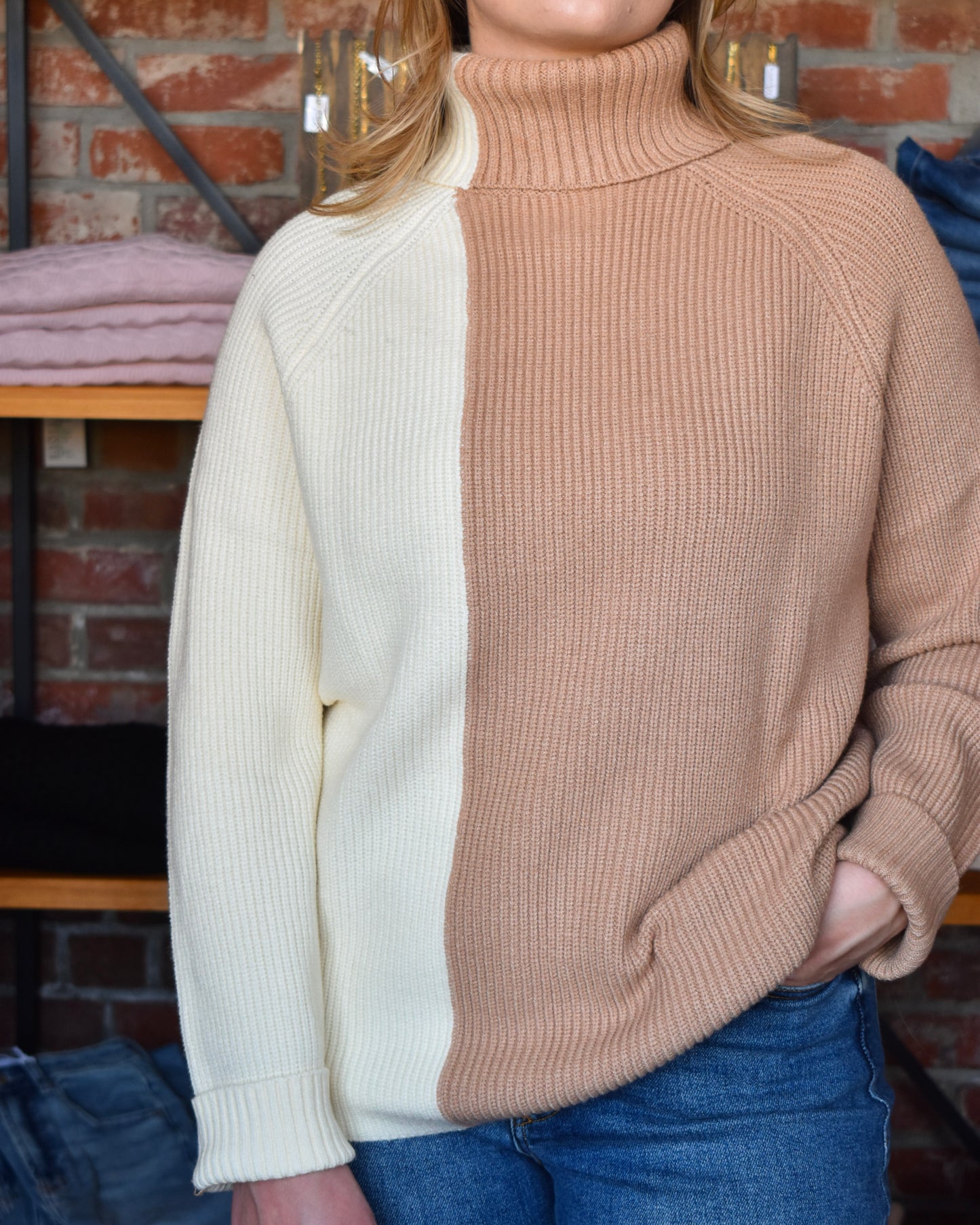 White/Beige Colorblock Turtleneck Sweater (Elan)