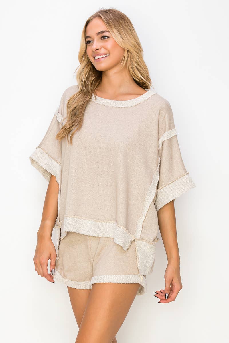 Taupe Oversize Reverse Contrast Banded Top