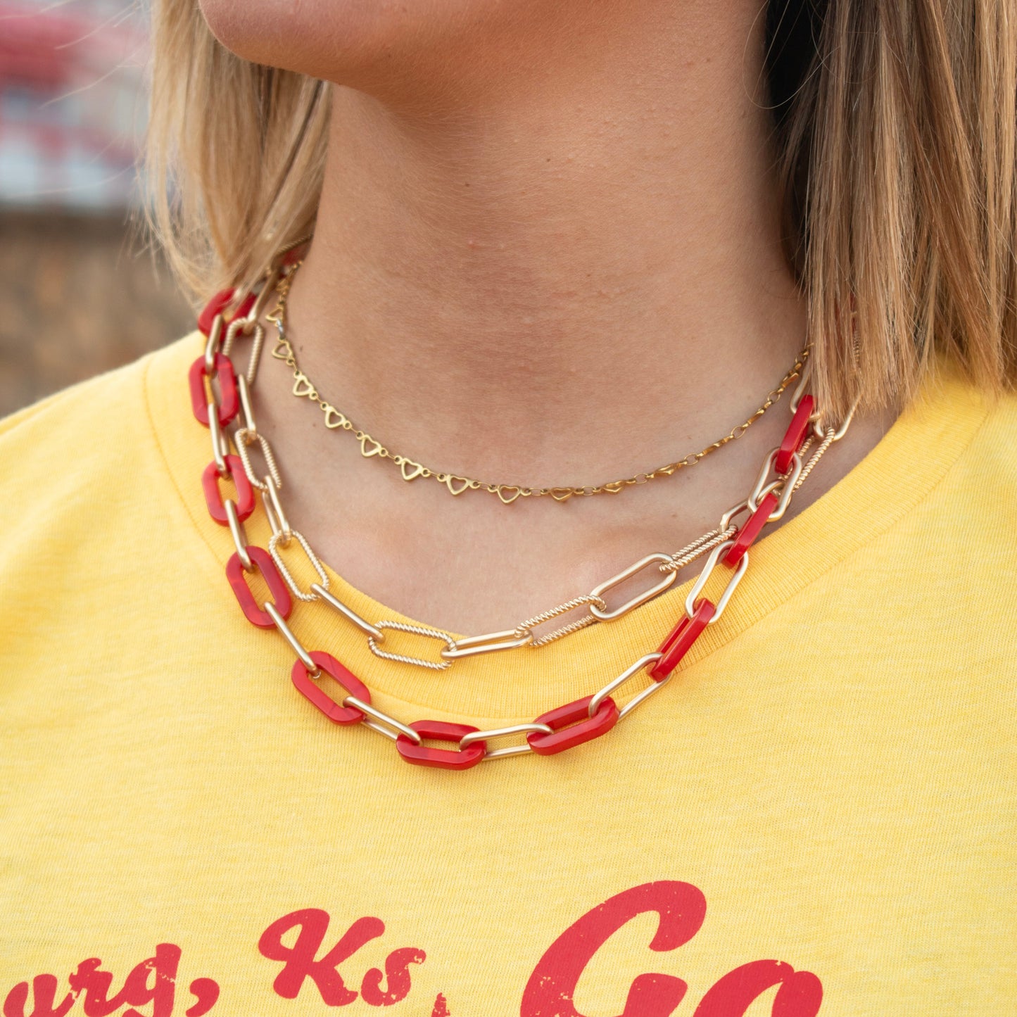 Red Marbled Resin Link Layered Toggle Necklace (Kenzii)