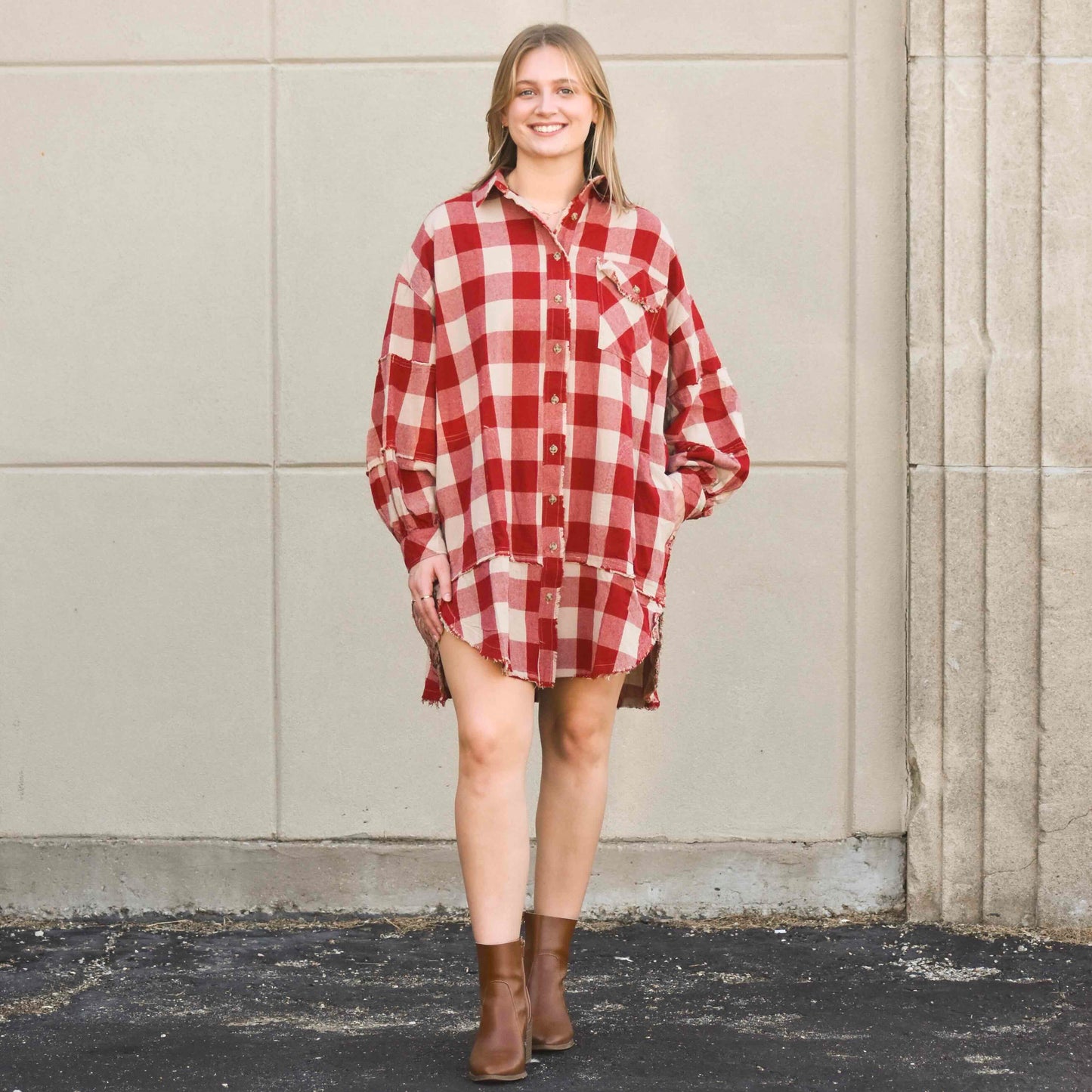 Boho Red Check Button Down Dress (Easel)