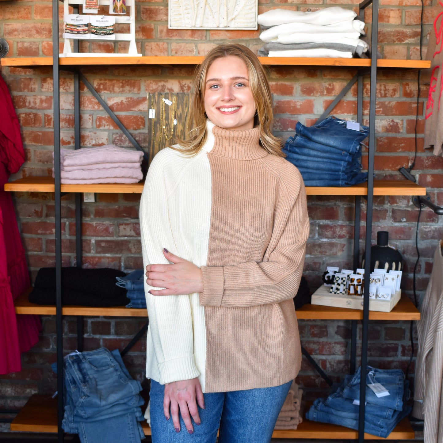 White/Beige Colorblock Turtleneck Sweater (Elan)