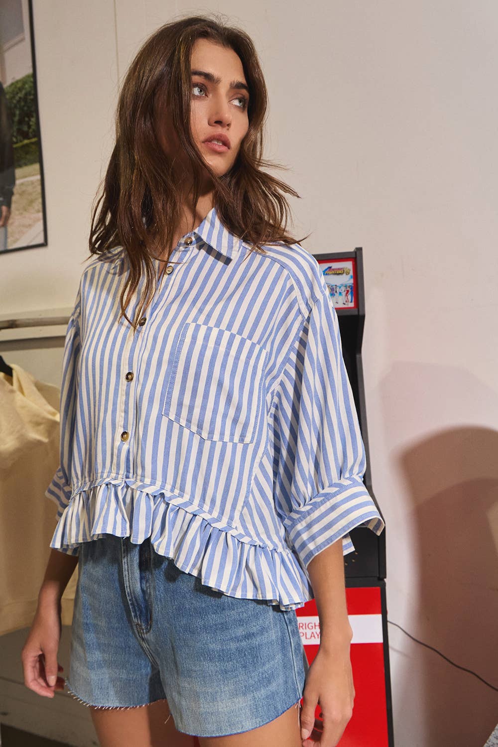 Blue Ruffled Detail Striped Button-Down Shirt