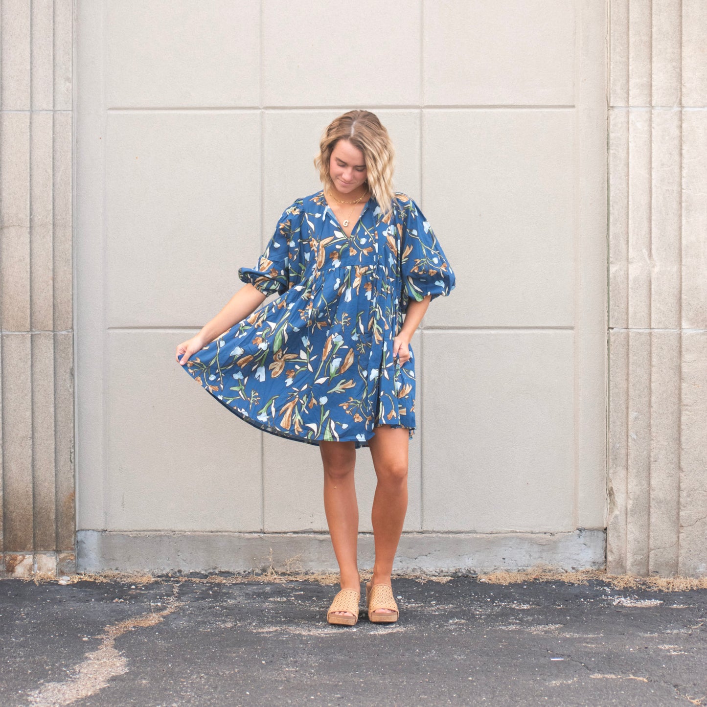 Midnight Floral Print 1/2 Sleeve Babydoll Dress (Entro)