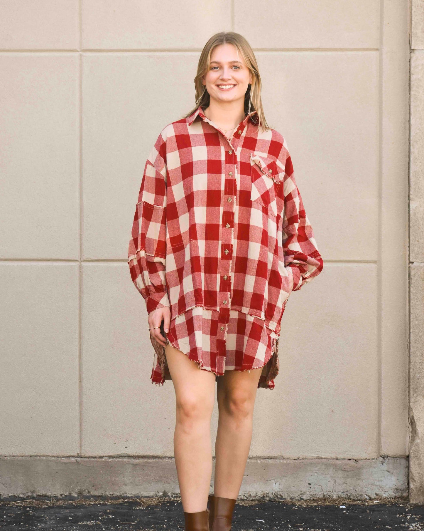 Boho Red Check Button Down Dress (Easel)