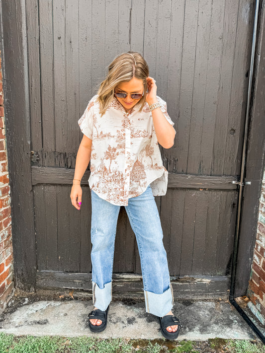 Latte Toile Print SS Blouse (Umgee)