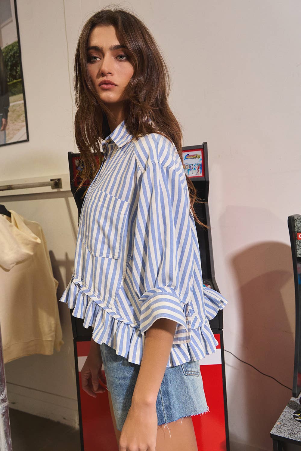 Blue Ruffled Detail Striped Button-Down Shirt