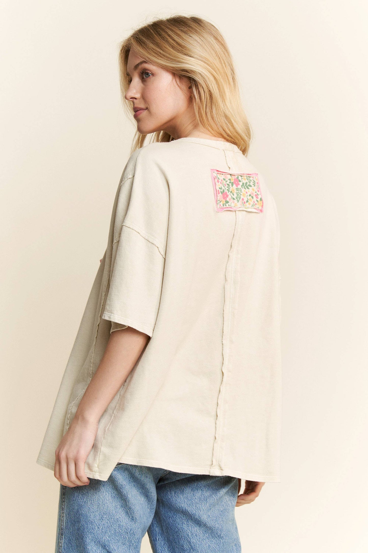 Natural Mineral Washed Floral Flower Patched Shirt