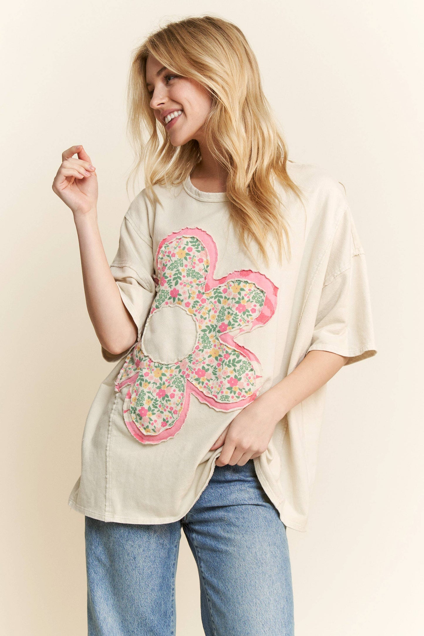 Natural Mineral Washed Floral Flower Patched Shirt