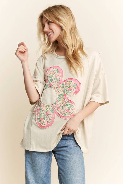 Natural Mineral Washed Floral Flower Patched Shirt