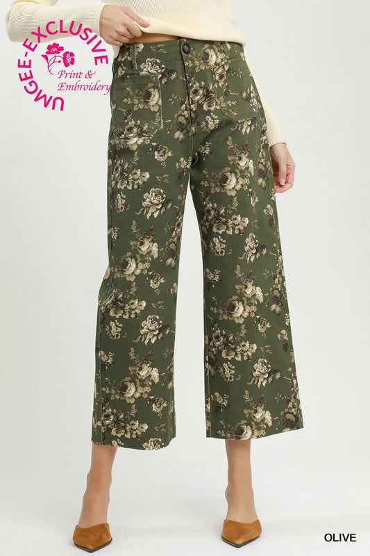 Floral Print Wide Leg Cropped Pants