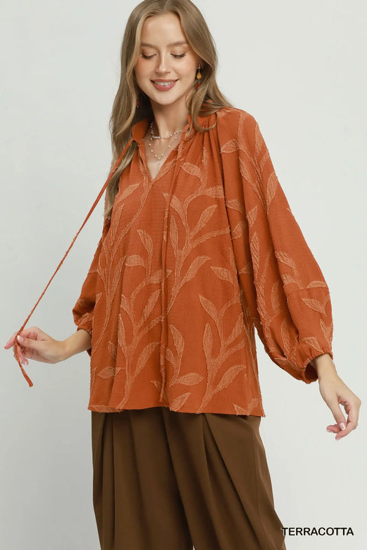 Textured Leaf Jacquard Peasant Blouse