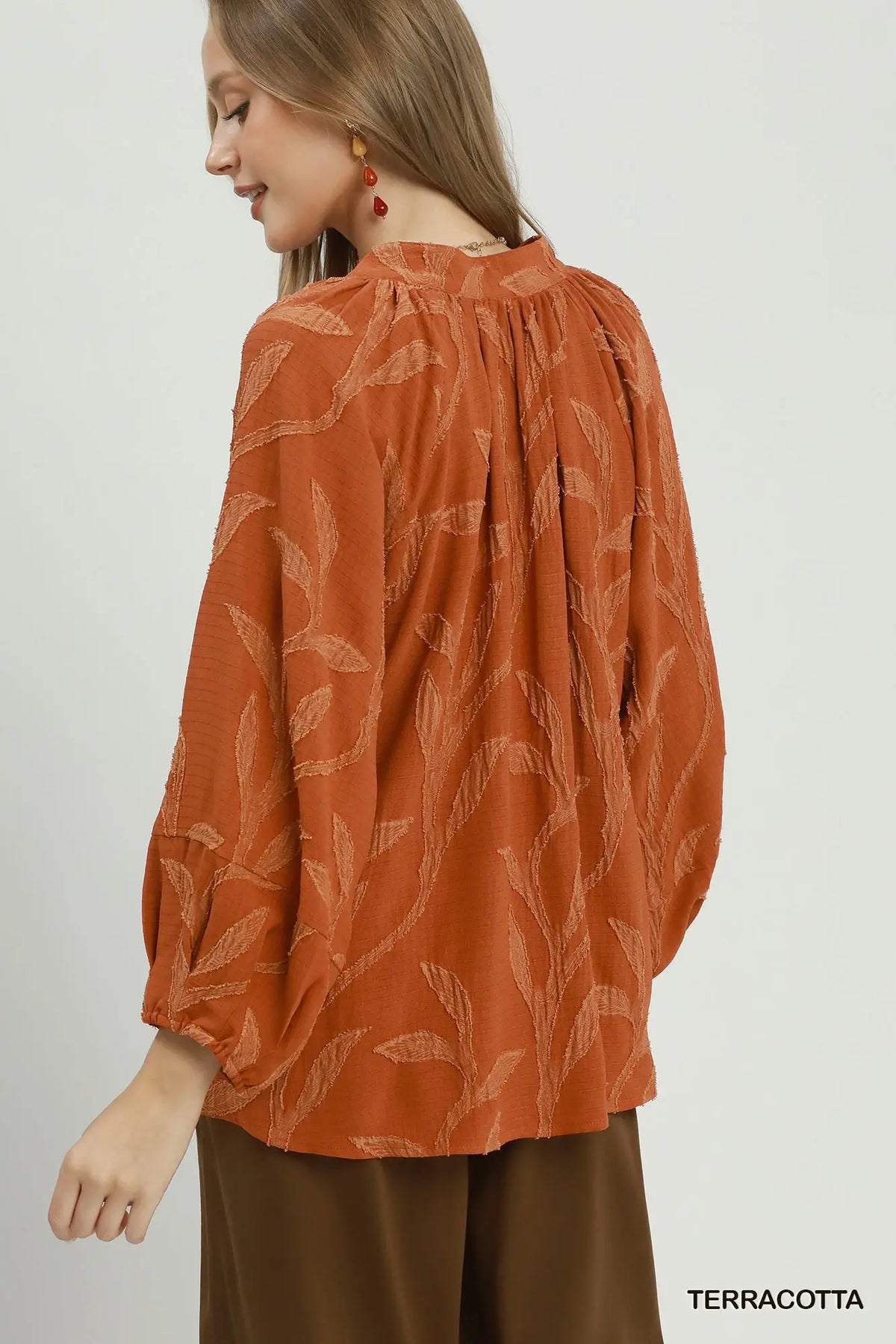Textured Leaf Jacquard Peasant Blouse