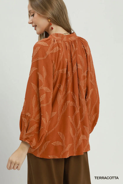 Textured Leaf Jacquard Peasant Blouse