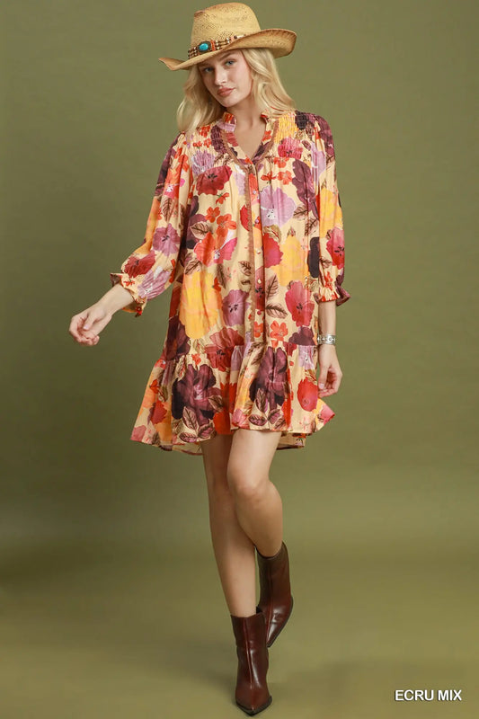 Floral Smocked Yoke Button Front Mini Dress