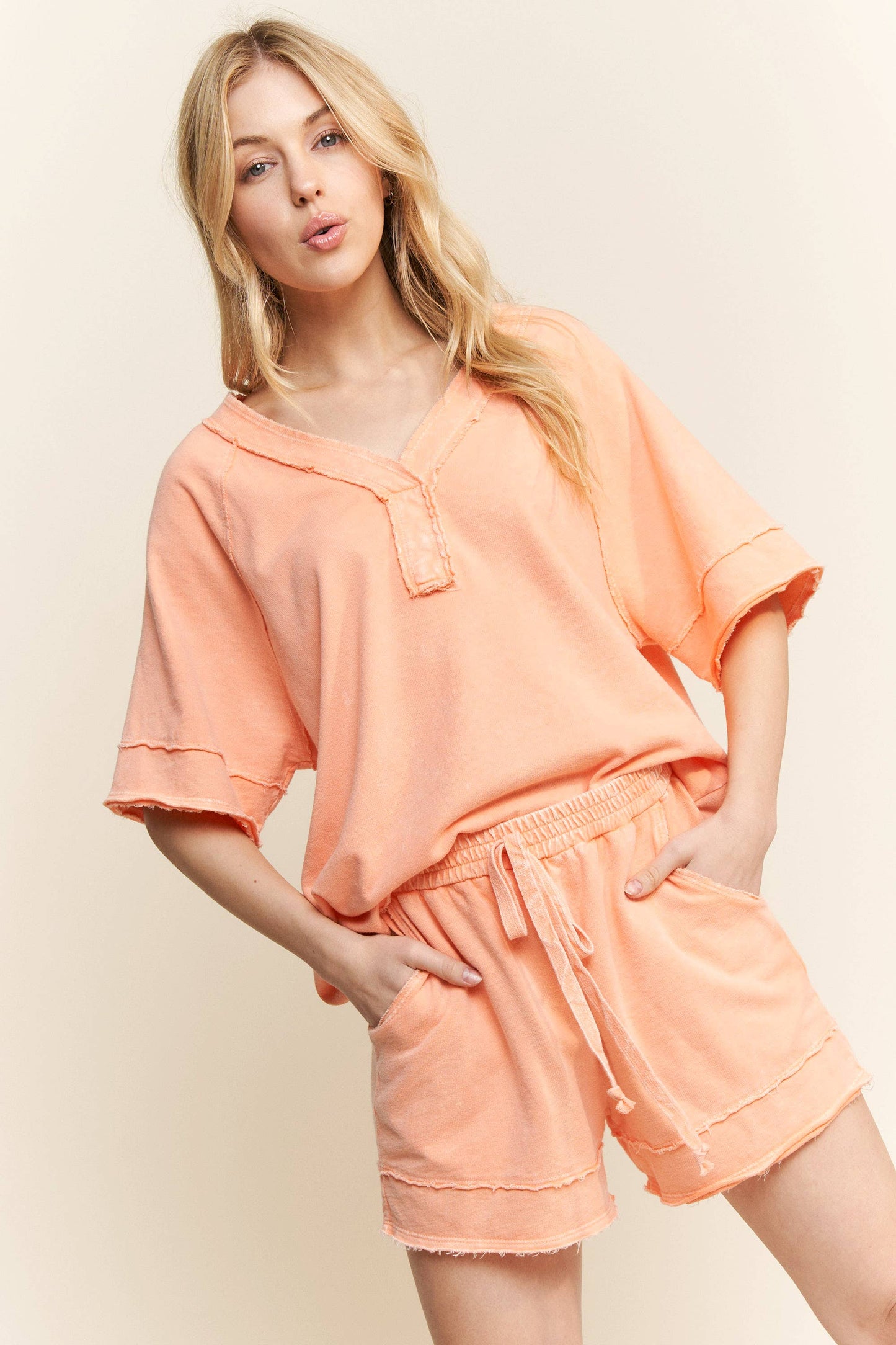 Papaya Mineral Washed V-Neck Soft Tee