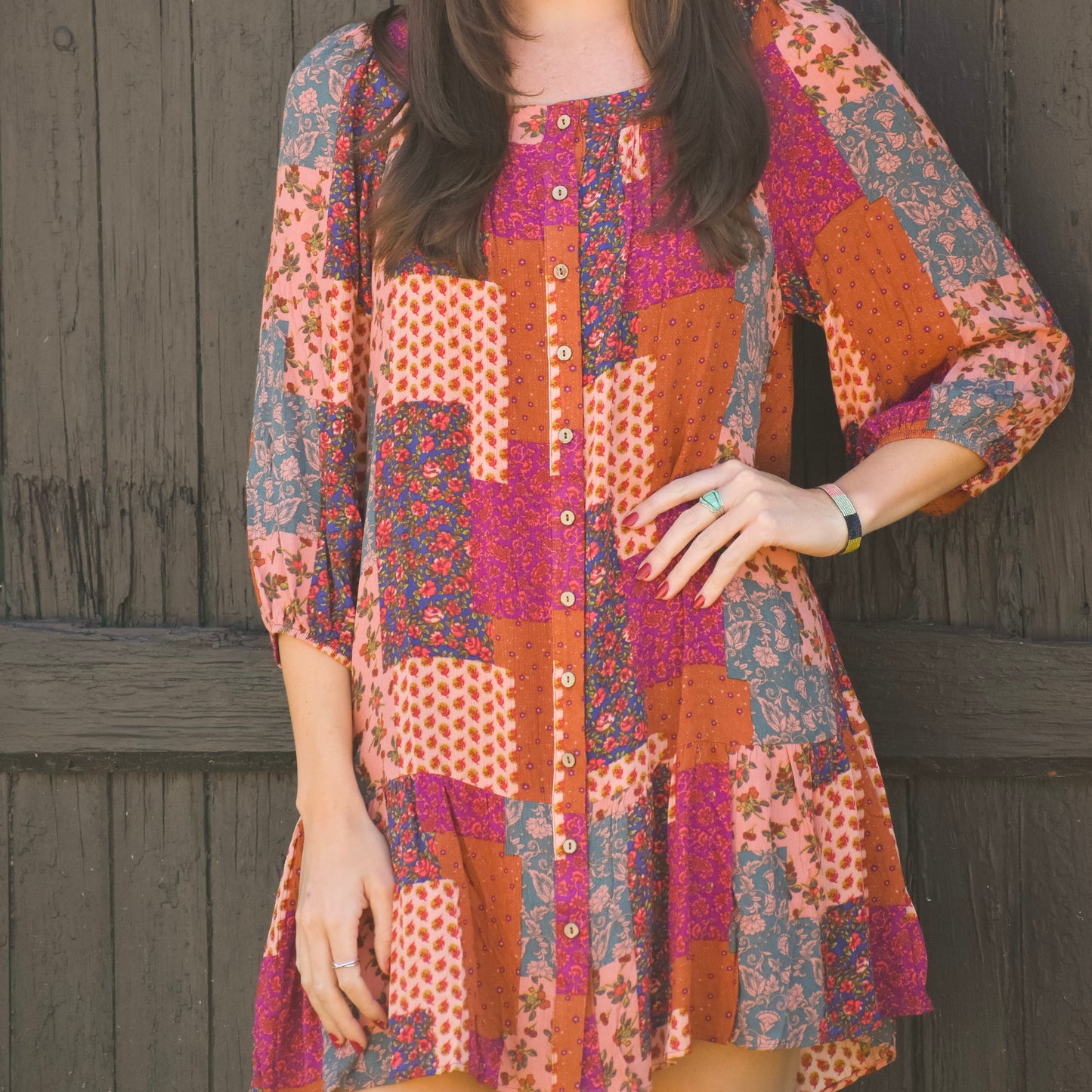 Apricot Lane Patchwork Printed Square Neck Dress (Easel)