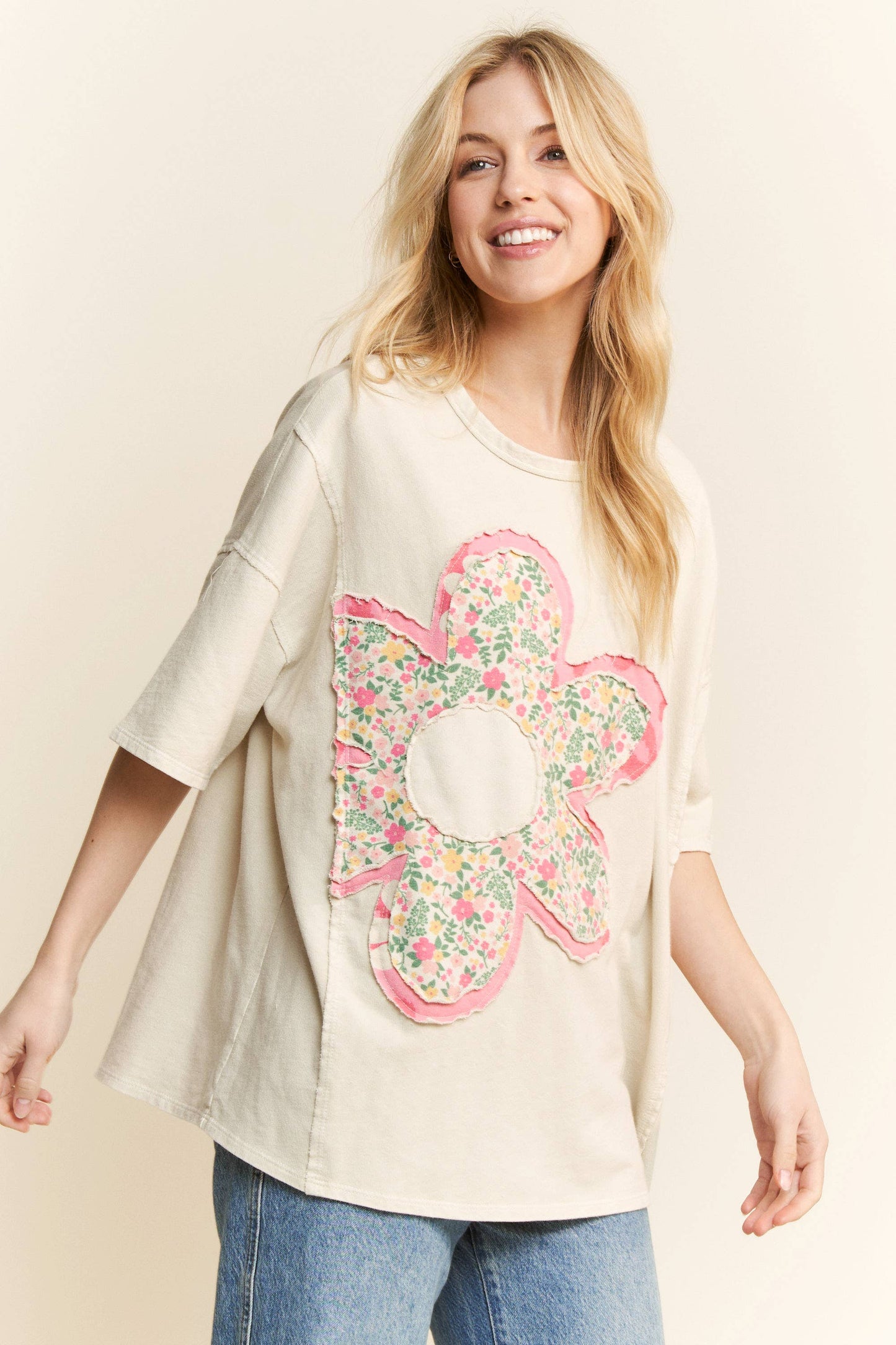 Natural Mineral Washed Floral Flower Patched Shirt