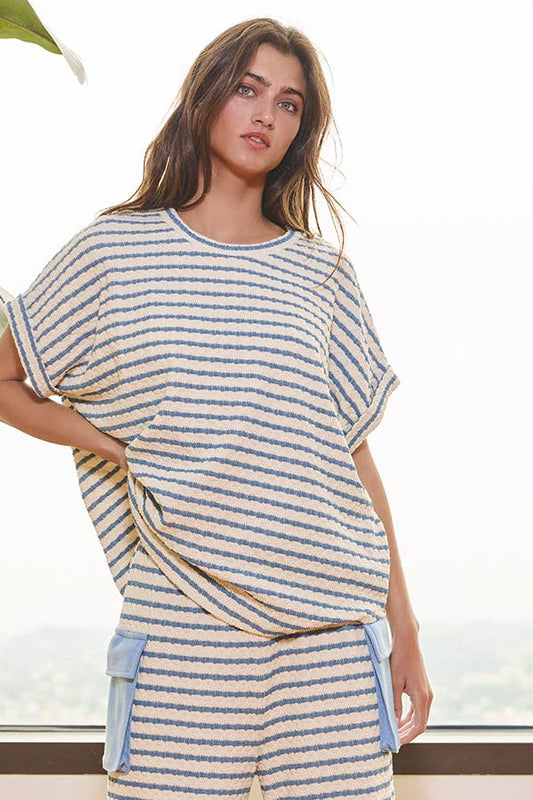 Blue Textured Stripe Dolman Sleeve Top