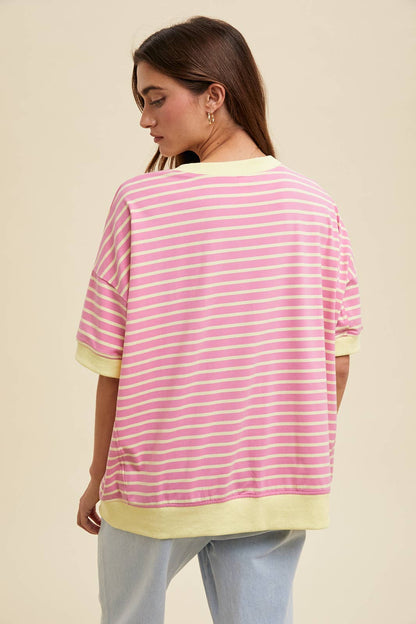 Pink/Lemon Contrast Stripe Drop Shoulder Top