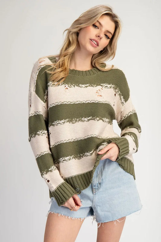 Distressed Striped Sweater Top