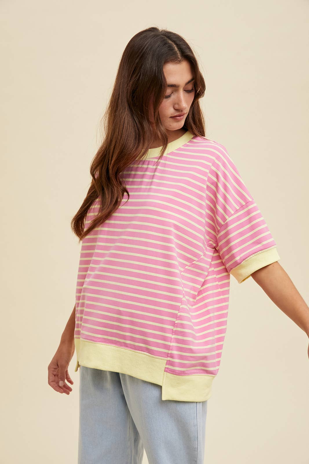 Pink/Lemon Contrast Stripe Drop Shoulder Top