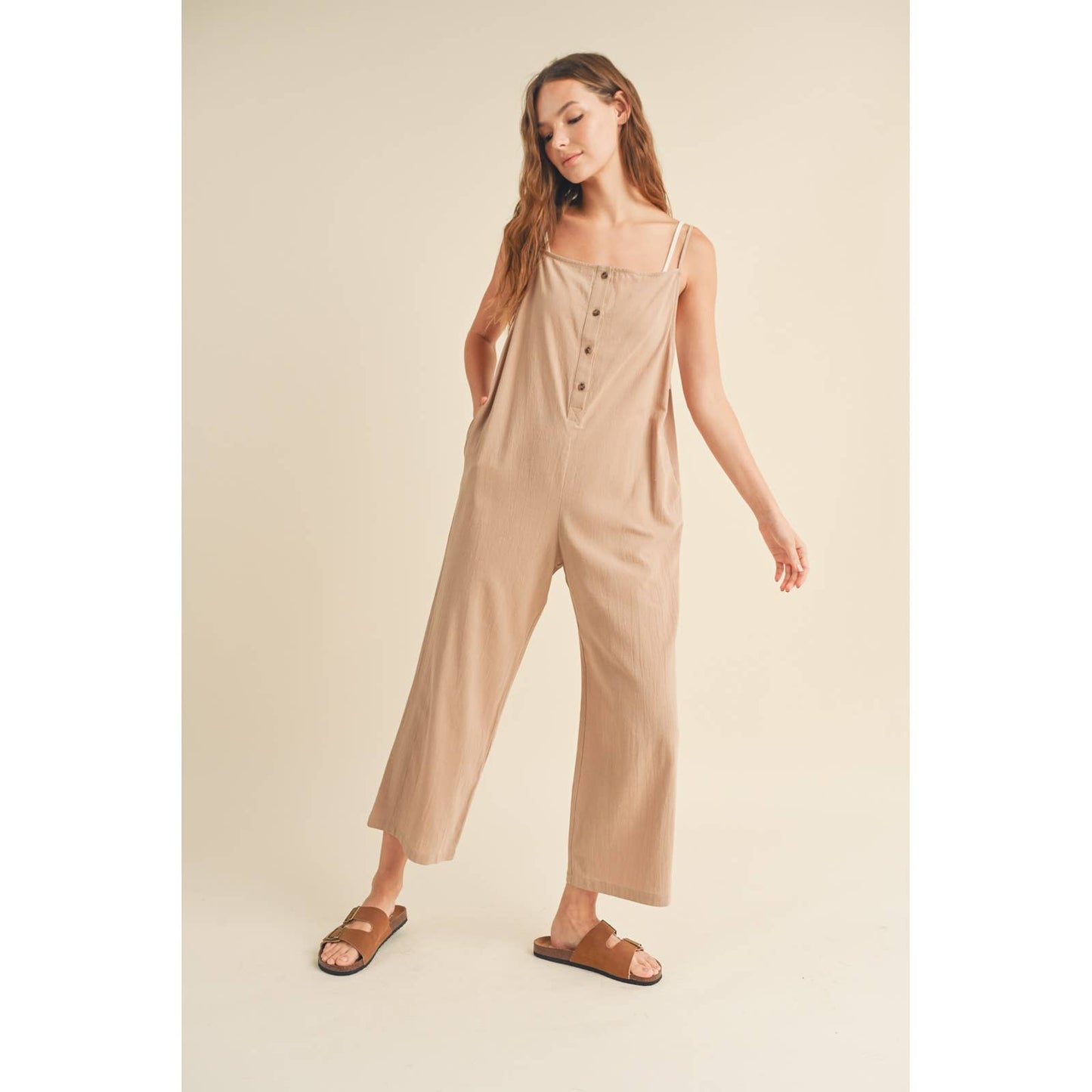 Taupe Cotton Square Neck Overall