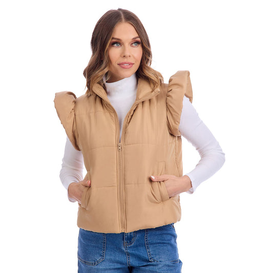 Tan Lile Ruffle Quilted Vest