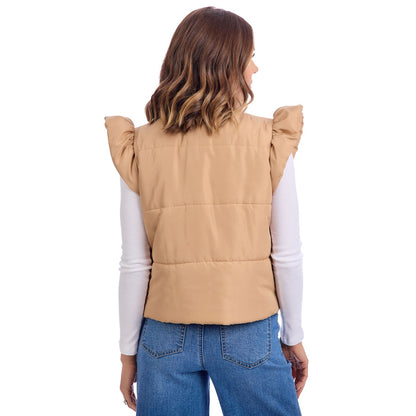 Tan Lile Ruffle Quilted Vest