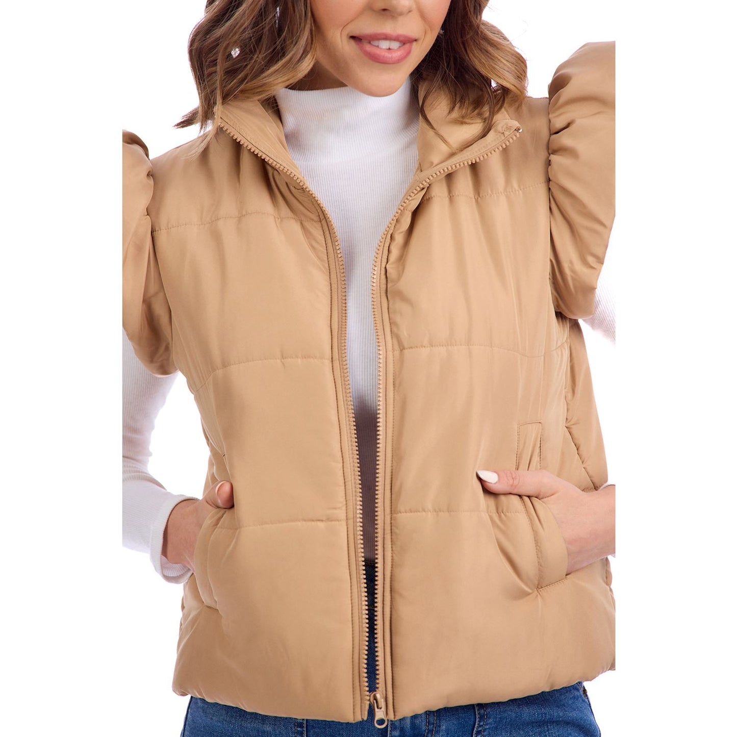 Tan Lile Ruffle Quilted Vest
