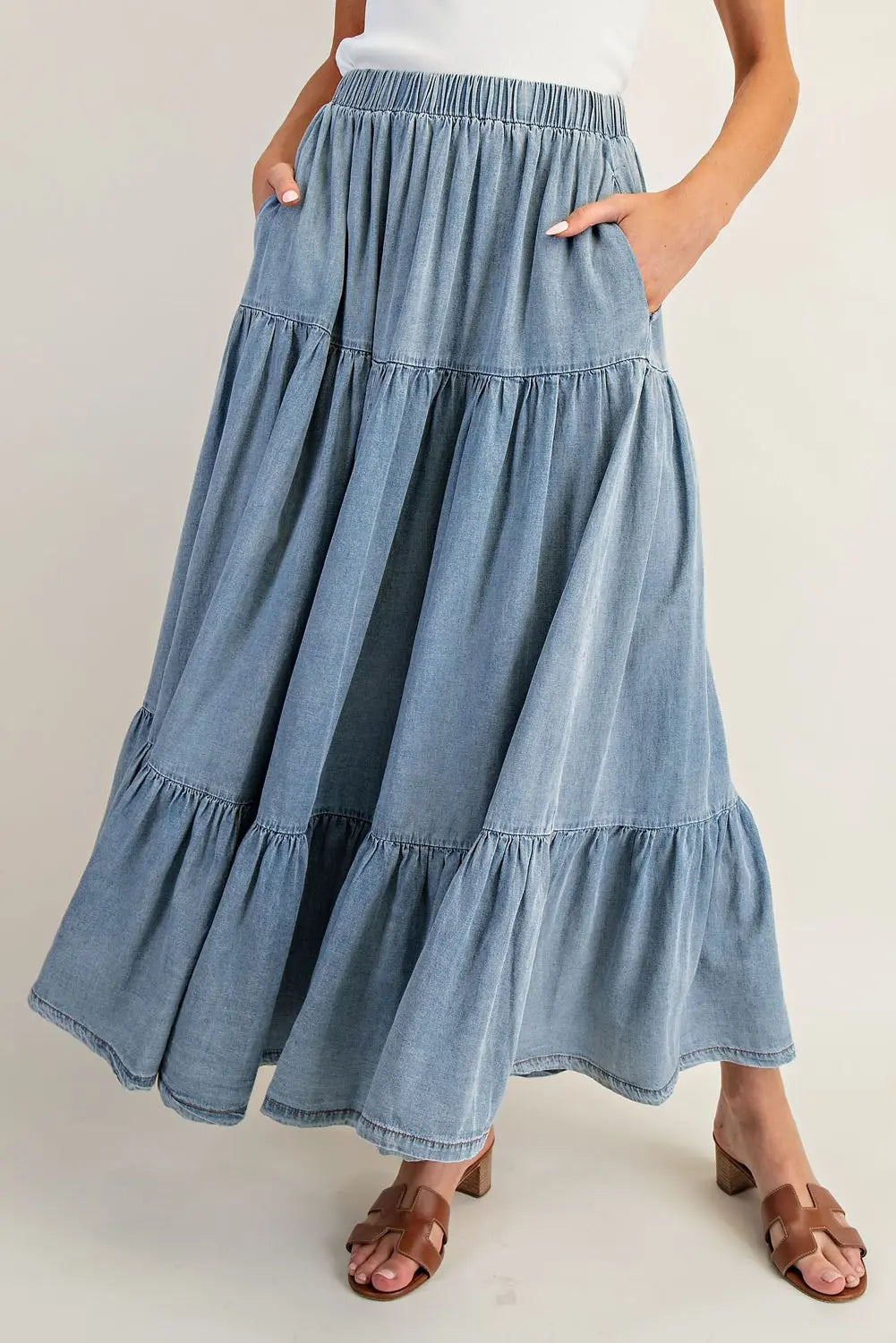 Snow Washed Elastic Waist Maxi Skirt