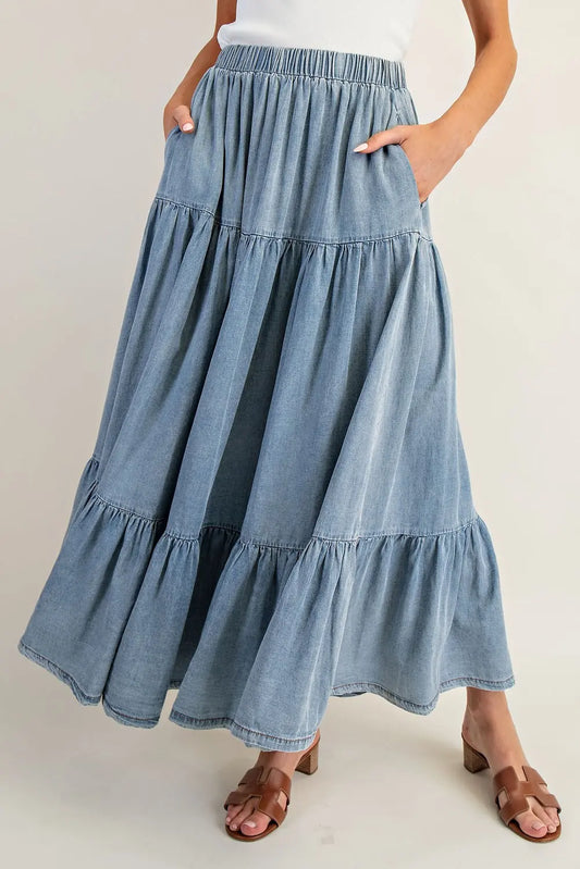Snow Washed Elastic Waist Maxi Skirt