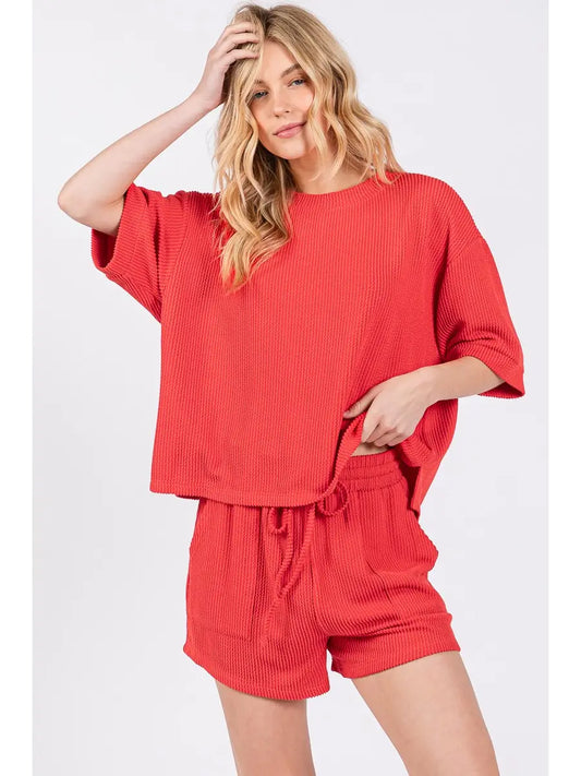 Red Ribbed Knit Lounge Set
