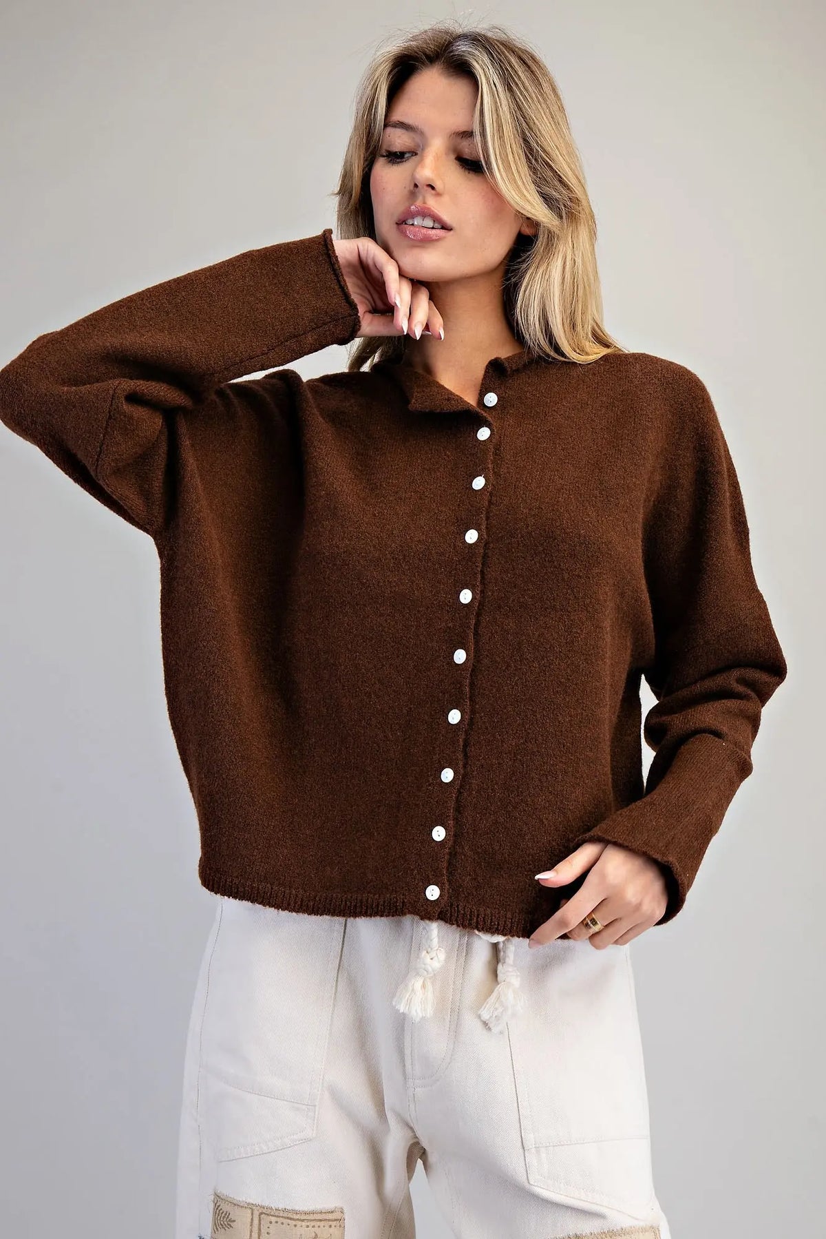 Solid Button Down Long Sleeve Cardigan
