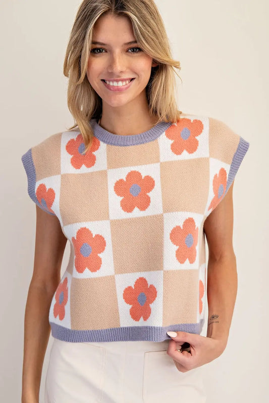 Floral Mixed Checker Print Sleeveless Sweater