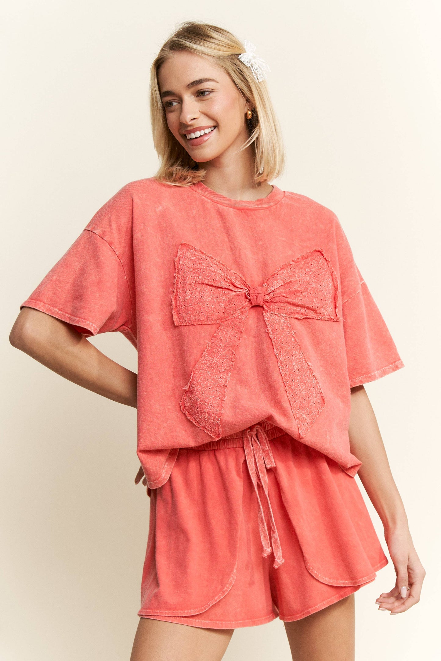 Red Orange Mineral Wash Ribbon Bow SS