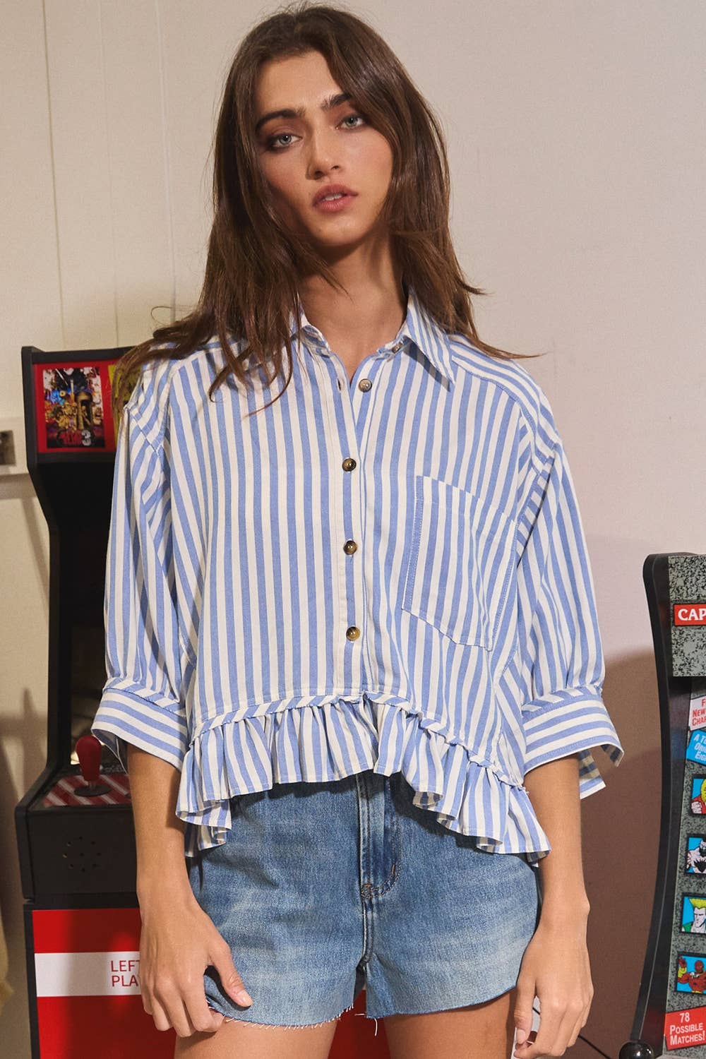 Blue Ruffled Detail Striped Button-Down Shirt