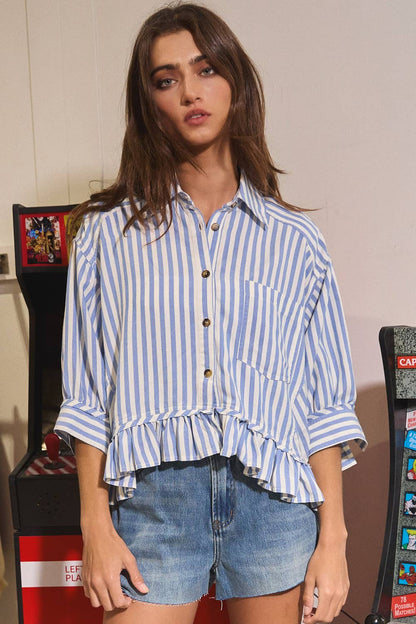 Blue Ruffled Detail Striped Button-Down Shirt