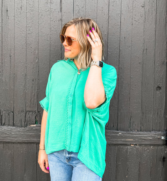 Emerald Green Scallop Trim Blouse (Umgee)
