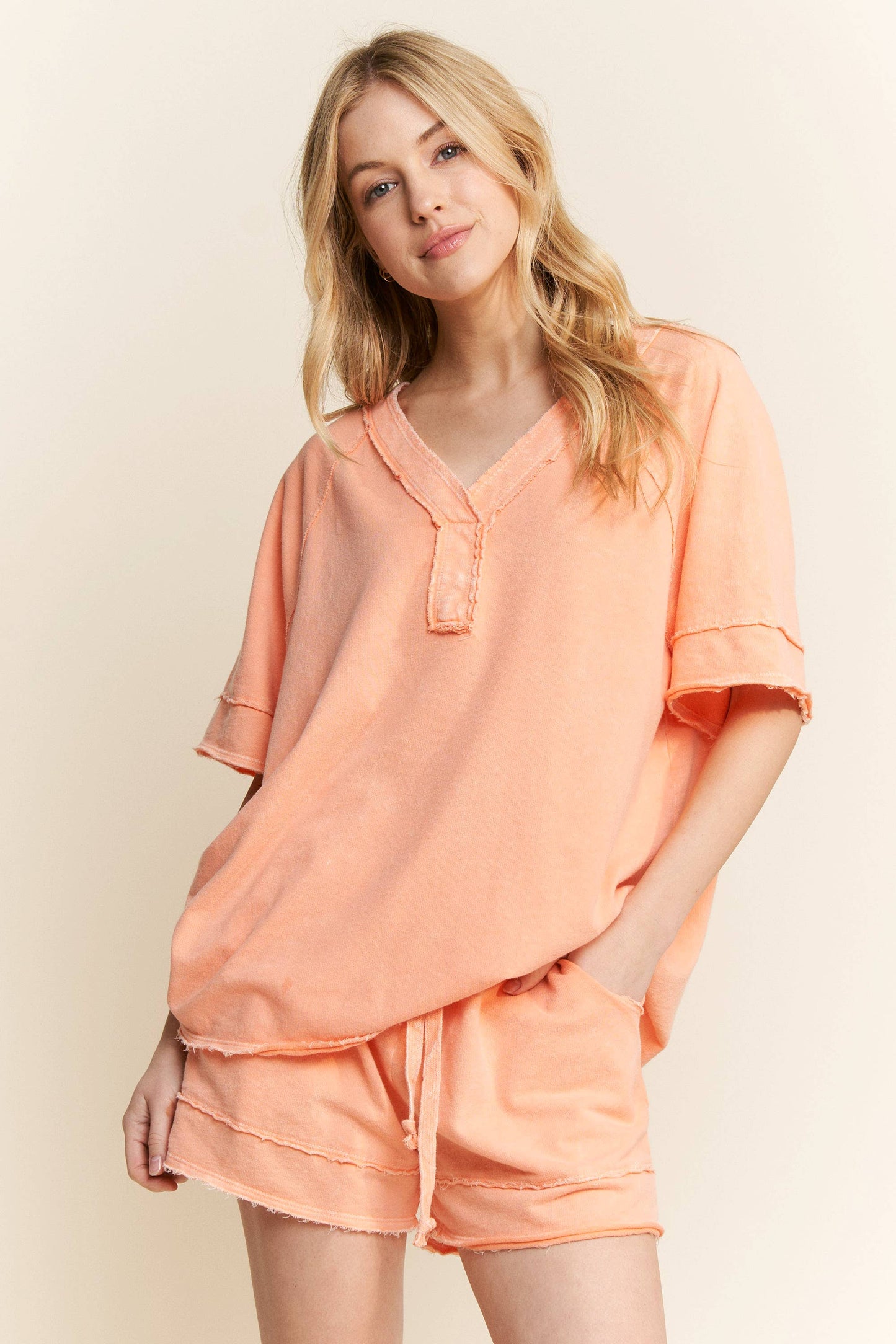 Papaya Mineral Washed V-Neck Soft Tee