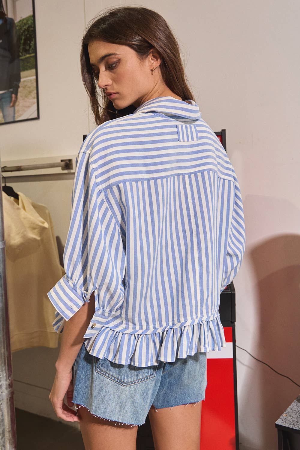 Blue Ruffled Detail Striped Button-Down Shirt