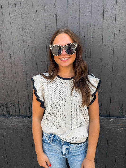 Black/Cream Crochet Ruffle Nikita Top (Another Love)