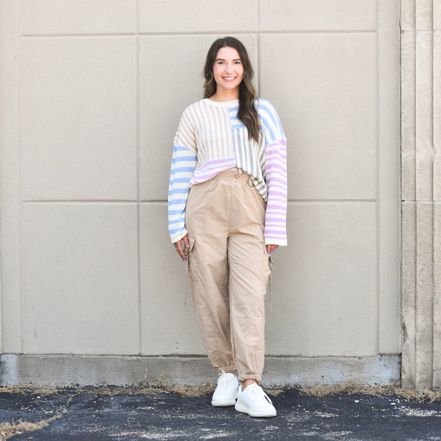 Khaki Stripe Print Wide Leg Drawstring Pants