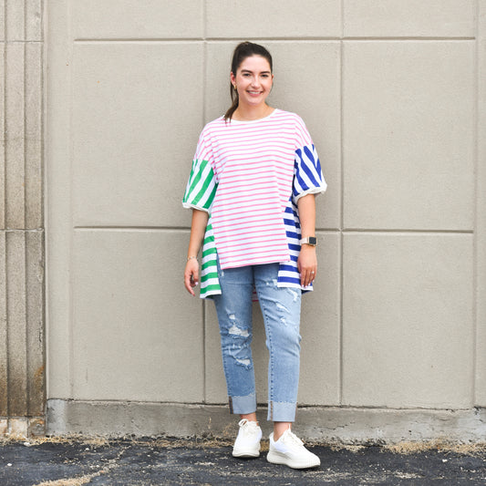 Colorblock Stripe Patchwork Baggy T Shirt