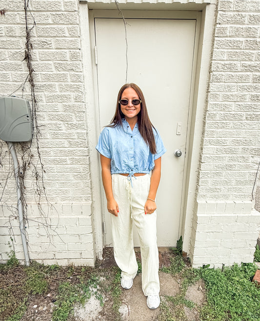 Lt. Blue Button Down Crop (Elan)