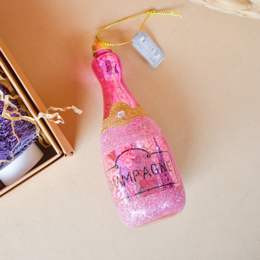 Glitter Champagne Bottle Mercury Glass Ornament (Karma)