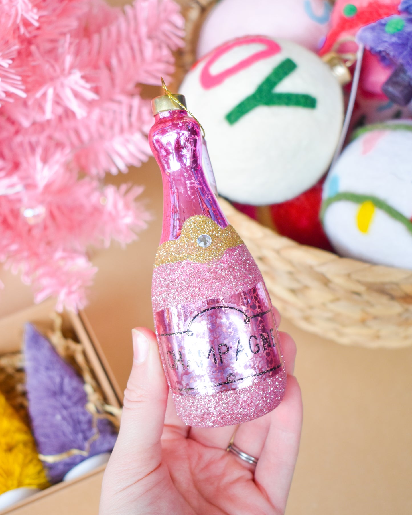 Glitter Champagne Bottle Mercury Glass Ornament (Karma)