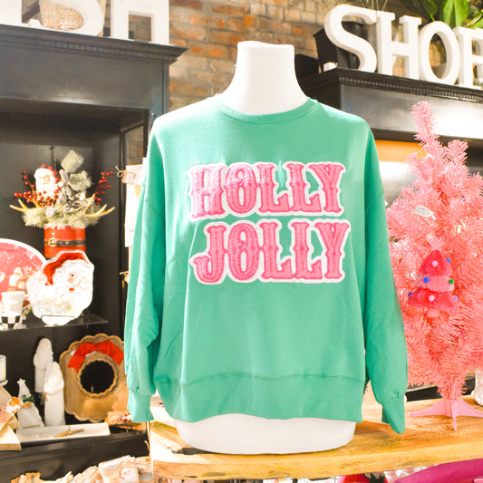 Green Millie Holly Jolly Chenille Patch Sweatshirt (Mary Square)