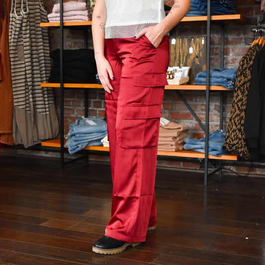 Maroon Satin Cargo Pant (Elan)