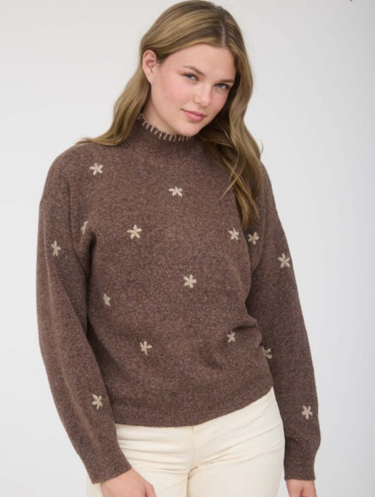 Chocolate Embroidered Mock Neck