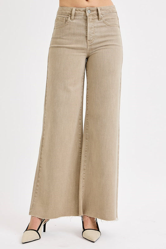 Sand Raw Hem Wide Legs W/ Tummy Control